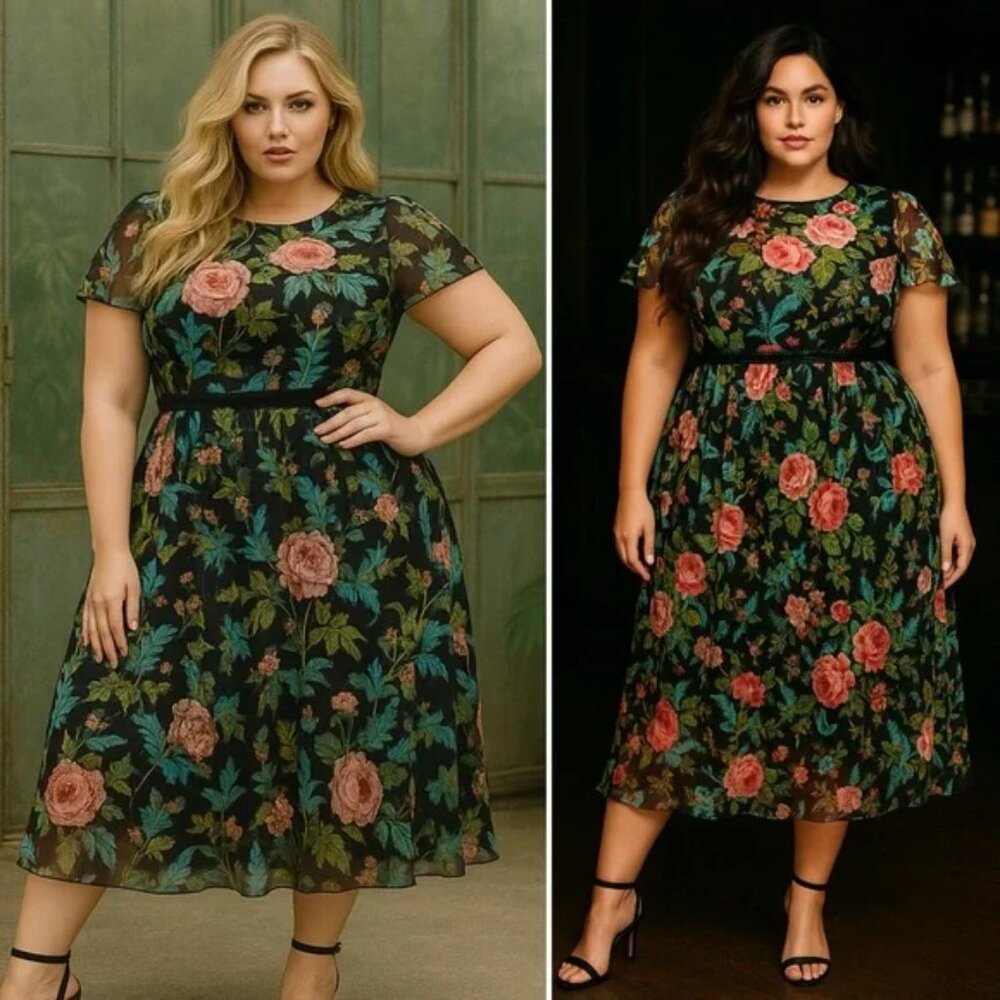 NWT Mac Duggal Floral Midi Dress with Sheer Overlay Style 9149 Size 18
